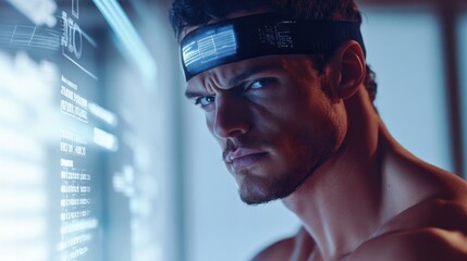 Multiracial athletic man checking his biological age ranking on a futuristic holographic leaderboard