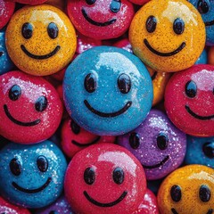 Colorful decorative smiley faces surrounding a blue sparkle smiley in a joyful setting
