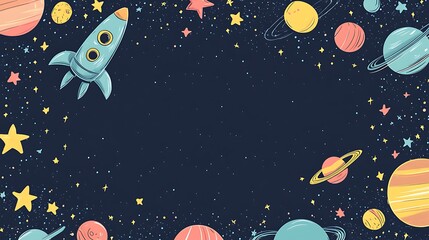 Whimsical space-themed illustration with planets, stars, and a rocket on a dark blue background