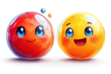 Colorful cartoon bubbles with cheerful expressions in a playful setting