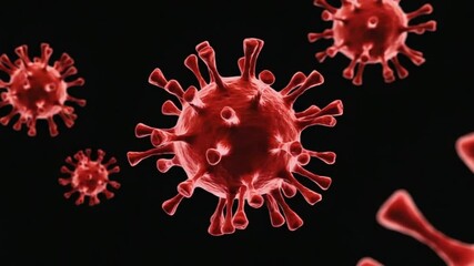 Microscopic red virus cells drifting through dark digital space, showcasing intricate biological details of infectious microorganism movement 4k video - Powered by Adobe