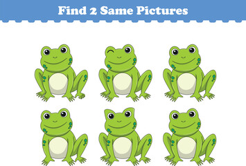 Fototapeta premium Funny cartoon frog. Find two same pictures. Educational game for children. Cartoon vector illustration
