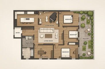 Detailed illustrated plan of a luxurious apartment with three bedrooms, a balcony garden, and an open living room with piano setup.