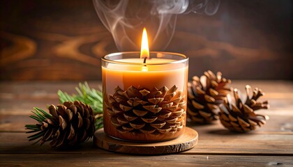 Burning candle with pine cones.