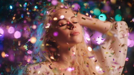 Joyful celebration with confetti at night, highlighting a young woman's carefree spirit and vibrant atmosphere