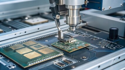 Precise robotic arm meticulously places microchip onto circuit board, showcasing advanced technology in electronics manufacturing and precision engineering.