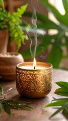 Burning candle with plants, and wooden table.