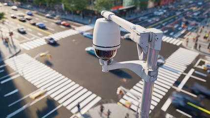 A pan-tilt-zoom security camera is installed high above an urban intersection, observing vehicles and pedestrians moving across crosswalks, ensuring safety during peak hours