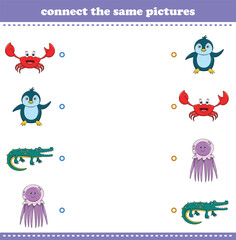 Education game for children connect the same picture of cute cartoon wild animal printable. Vector Illustration