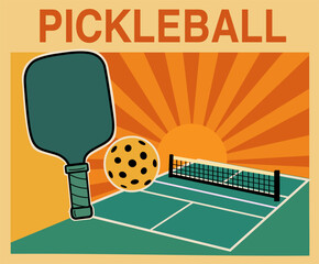 Retro pickleball poster with paddle, ball, and court, featuring bold sunset rays in orange and yellow tones, creating a vintage sporty vibe