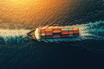 aerial view of cargo ship sailing through ocean waves at sunset. vibrant light and dynamic motion create powerful trade and logistics concept. transportation, shipping industry.