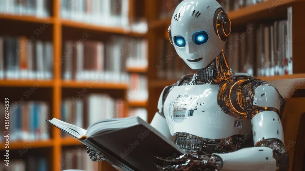 Poster A robot sits at a table in a library, reading a book with a lamp nearby