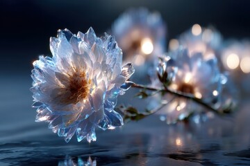 Delicate crystal flowers illuminated with soft light create a magical atmosphere