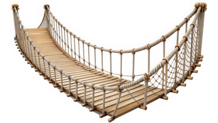 A beautifully crafted rope bridge leading over a gap, featuring wooden planks and intricate knot designs, perfect for outdoor adventures and scenic landscapes.