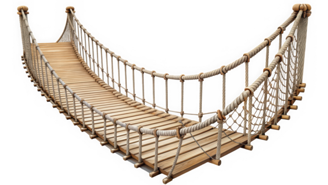 A beautifully crafted rope bridge leading over a gap, featuring wooden planks and intricate knot designs, perfect for outdoor adventures and scenic landscapes.