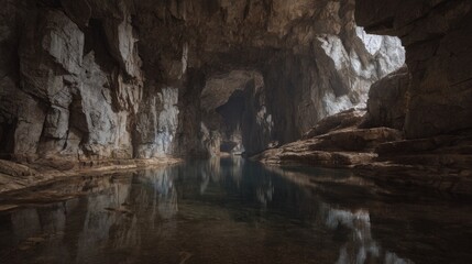 Mysterious subterranean lake illuminated by soft natural light through cavern