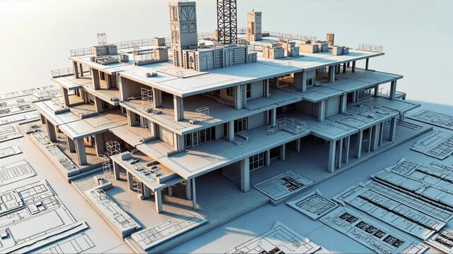 digital construction building information modeling bim concept with 3d model and blueprints illustration