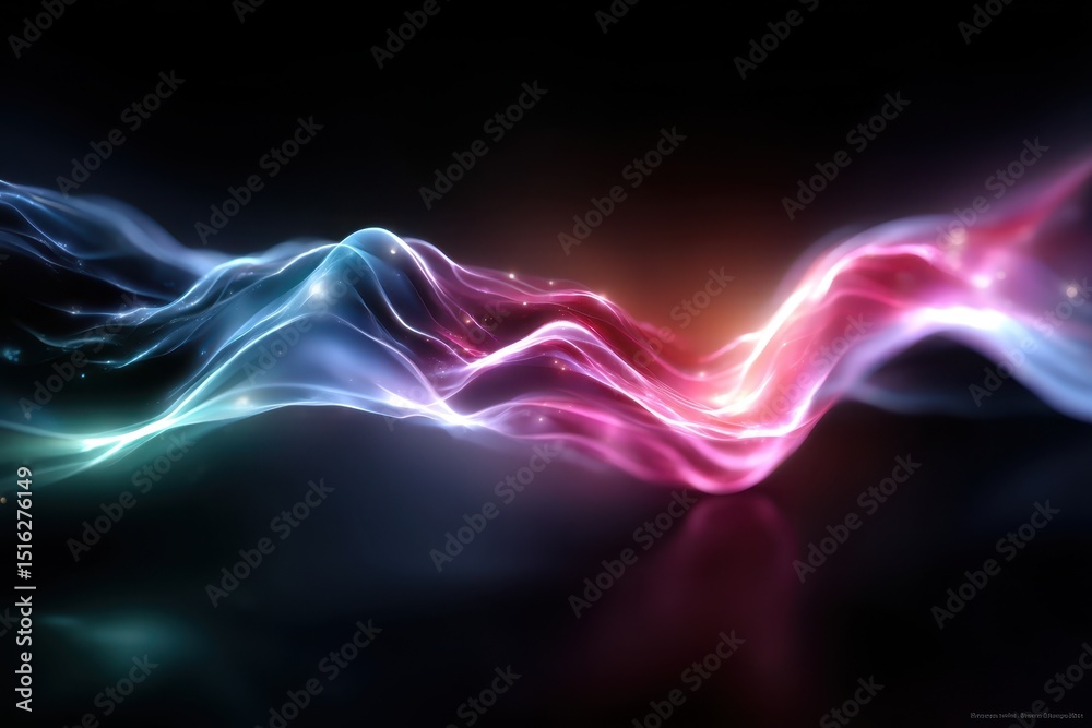 Poster colorful light waves create abstract patterns in a dark background with soft glowing edges
