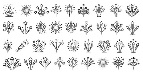 Black and white american patriotic collection of festive fireworks and firecracker silhouette designs