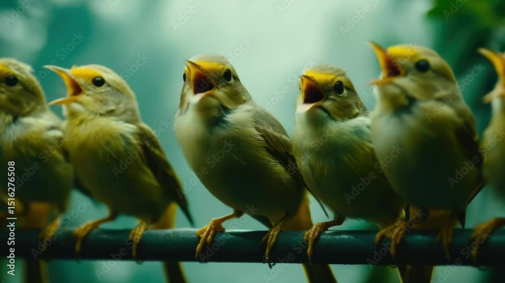 Poster a group of birds resting on top of a metal structure