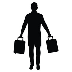 Silhouette of a Man Carrying Two Suitcases, Isolated on a White Background
