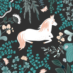 Vintage cartoon illustration with cute wild flowers and herbs and sleeping unicorn inside. Doodle floral dark background. Vector