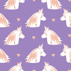 Cute sleeping unicorn seamless pattern. Unicorn portrait cartoon background. Fairy horses vector illustration