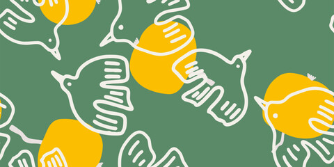 Birds and Yellow Shapes on Green Pattern