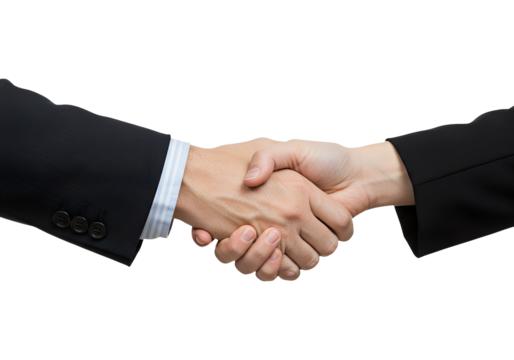 Two people shaking hands with sleeves wearing black suits showing cooperation on transparent background