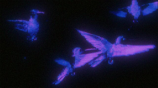 4K Seamless loop of glowing birds in flight with CRT scanlines and pixel glitch distortion, neon purple-blue silhouettes for motion graphics overlay, screen mode, retro digital animation music video