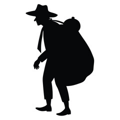 Silhouette of Traveler Wearing Hat Carrying Large Sack on His Back