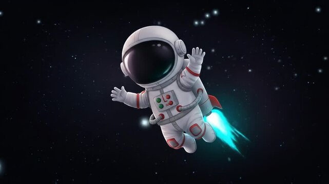 Cartoon Astronaut Flying Through Space with a Rocket