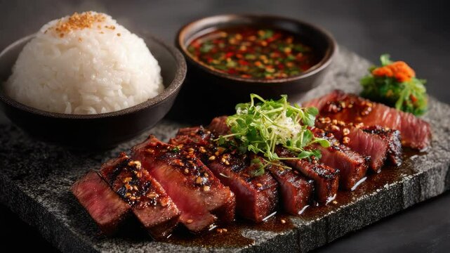 Delicious Japanese style grilled beef steak with rice and dipping sauce served on black stone plate for authentic Asian cuisine experience