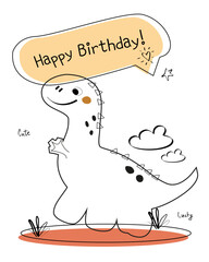 Dinosaur vector funny birthday card. Children's card with cute dinosaurs in line style. Dino baby illustration in naive style for coloring book