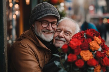 Obraz premium Elderly Couple Embracing with Flowers