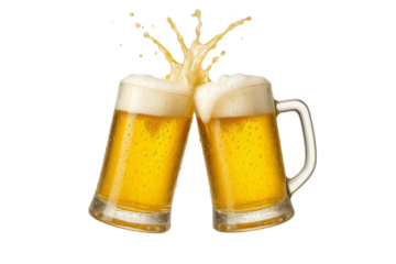 Two beer mugs toasting with splash isolated on transparent background