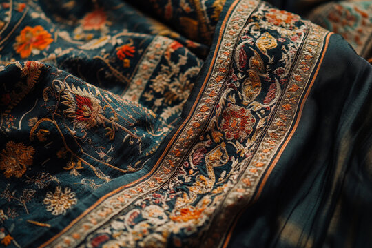 A close-up of a traditional Kashmiri pheran dress with intricate embroidery reflecting cultural heritage