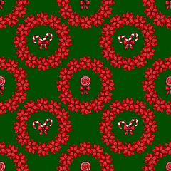 Seamless vector Christmas pattern with red poinsettia flowers, candy canes, and lollipops on a dark green background, creating a festive and joyful winter design.