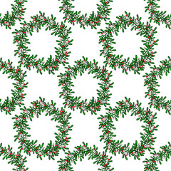 Seamless vector pattern of elegant Christmas mistletoe wreaths with red and pink berries, perfect for festive holiday designs and winter backgrounds.