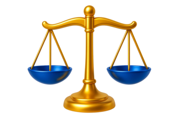 Golden scales of justice blue bowls isolated on transparent background