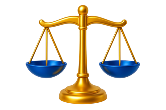 Golden scales of justice blue bowls isolated on transparent background