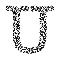 Floral botanical alphabet. Vintage hand drawn monogram letter U. Letter with plants and flowers. Vector lettering isolated on white