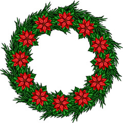 Festive Christmas vector wreath design featuring vibrant poinsettia flowers and lush evergreen branches, perfect for holiday cards and invitations.