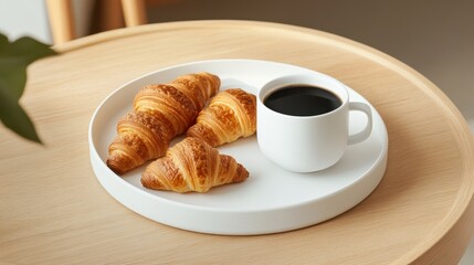 Minimalist setup with black coffee in a white cup, paired with croissants on a matching plate over a neutral surface