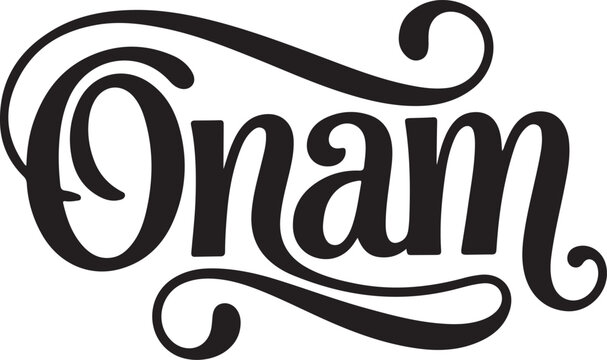 Elegant black and white vector illustration of the malayalam word onam for festive greetings.