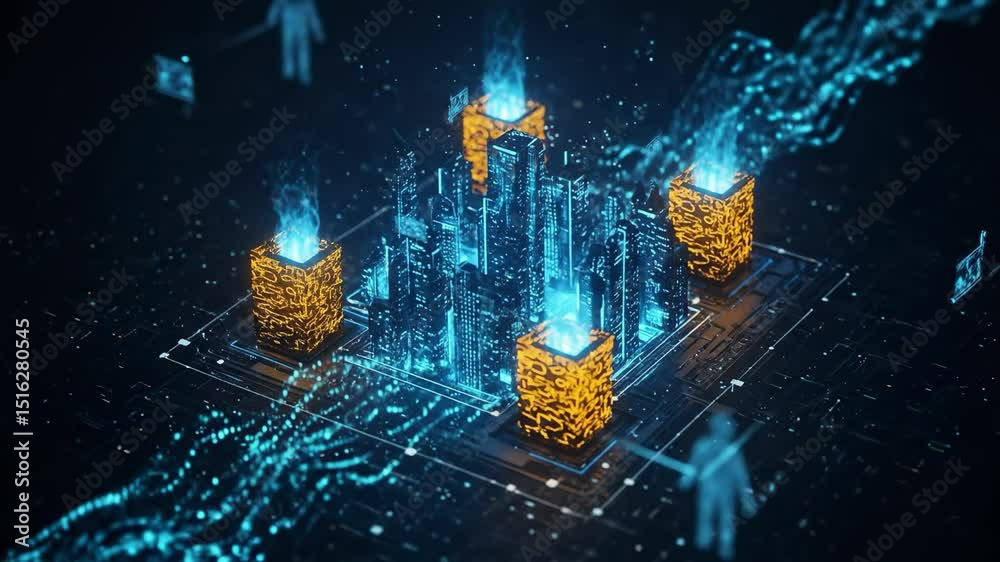 Wall mural futuristic cyber cityscape with glowing infrastructure and data streams featuring abstract building 