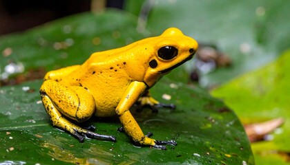 Bright yellow poison dart frog on lush green leaf