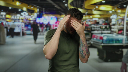 Young man covering face in bustling airport terminal, surrounded by blurred background of indoor activity, capturing emotion, male figure stands prominent.