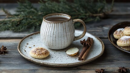 Rustic coffee mug on a ceramic plate with assorted pastries and a cinnamon stick
