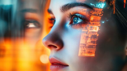 Woman applying neurocosmetic cream, subtle biometric scan projected over skin, light reflections and futuristic lab vibe